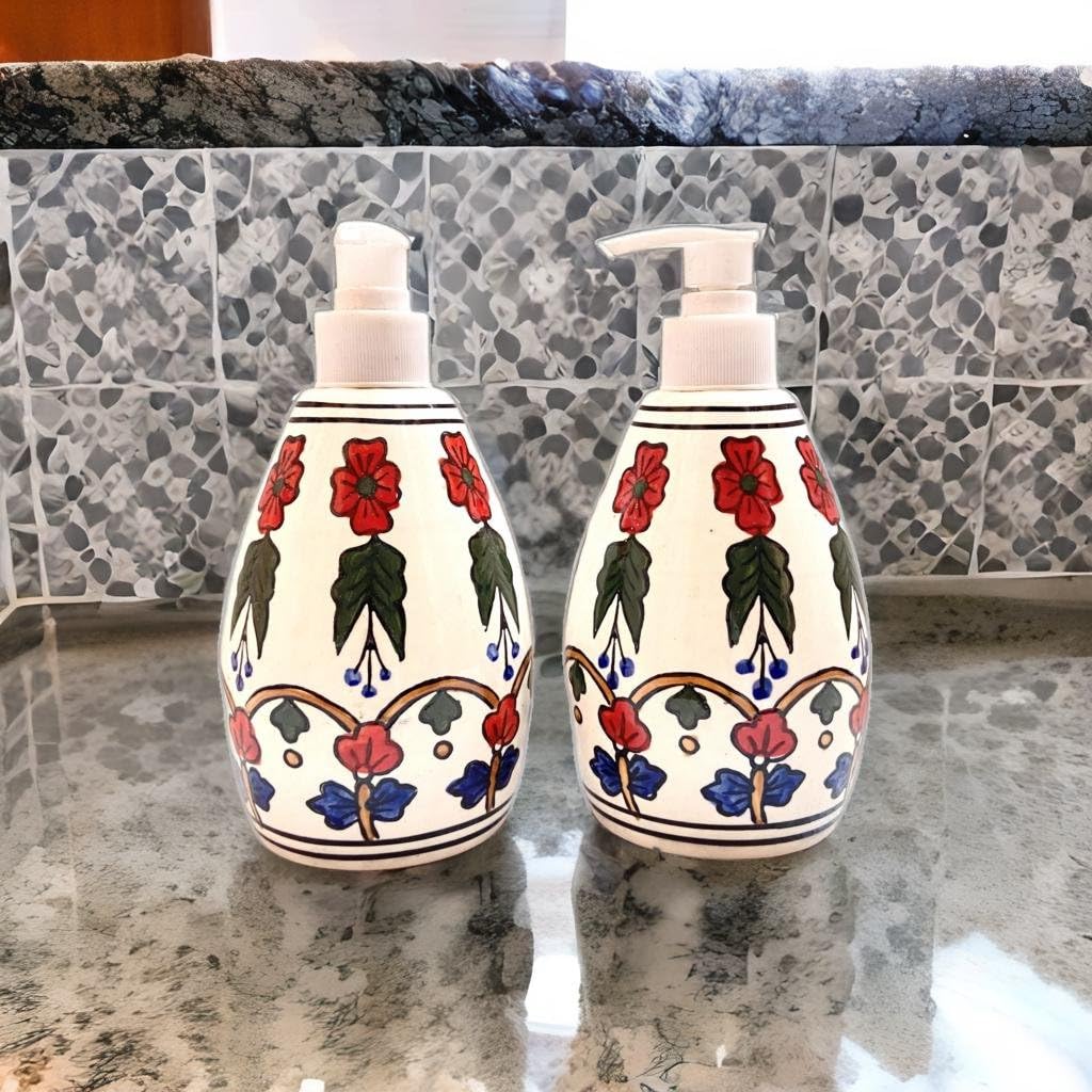 STOREPEDIA Handprinted Ceramic Soap Dispenser Handwash Liquid Shampoo Dispenser Lotion Gel Sanitizer Dispenser for Bathroom Home Kitchen Hotel Use, 400 ml Multicolor Pack of 2 view 2