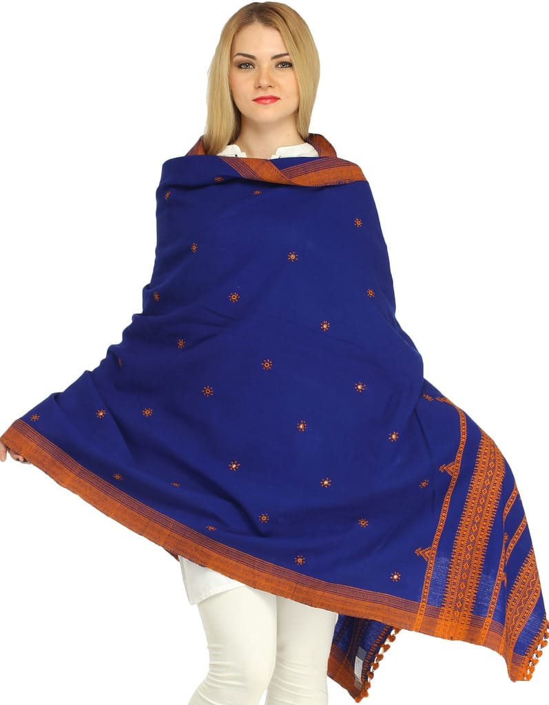 Mazarine-Bule Shawl from Kutch with Embroidered Flowers and Mirrors view 2