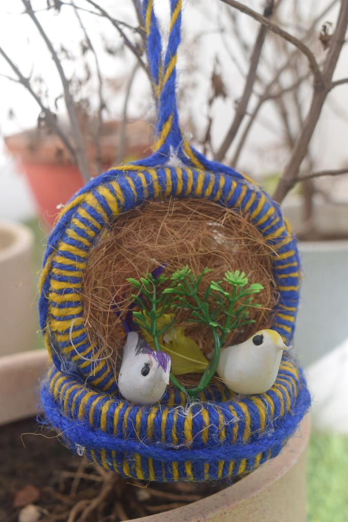 Handcrafted Bird Nest Decoration with White Doves for Home Decor, Blue and Yellow Woven Basket, Natural Coconut Shell, Artificial Greenery view 2