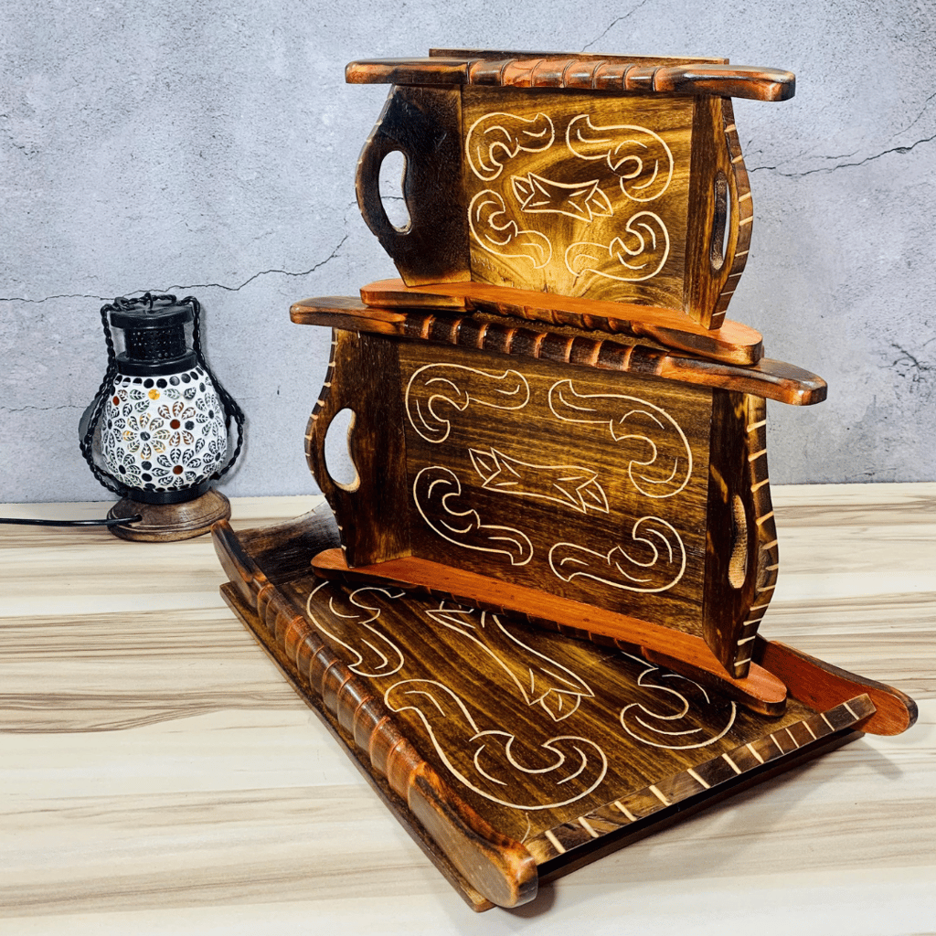 Homefrills Sheesham Wood Carved Design Antique Serving Tray, Handmade & Handcrafted Rectangular Platter/Trays with Handles for Serving Cakes, Pastries, Snacks, Breakfast, Coffee- Set of 3 view 2
