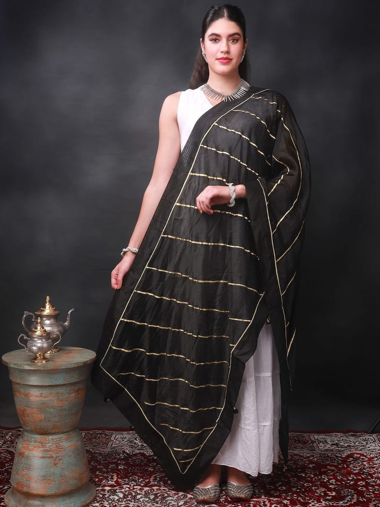 Caviar-Black Gota Dupatta from Amritsar with Patch Border and Pom-Poms view 2