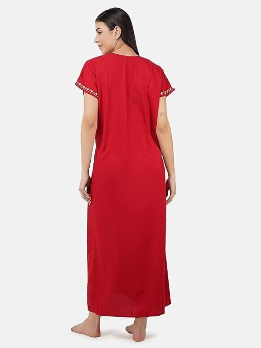 VALENCIA SLEEPWEAR Premium Women Embroidery Night Gown Lizzybizzy Cotton Nighty Maxi Rose red view 2