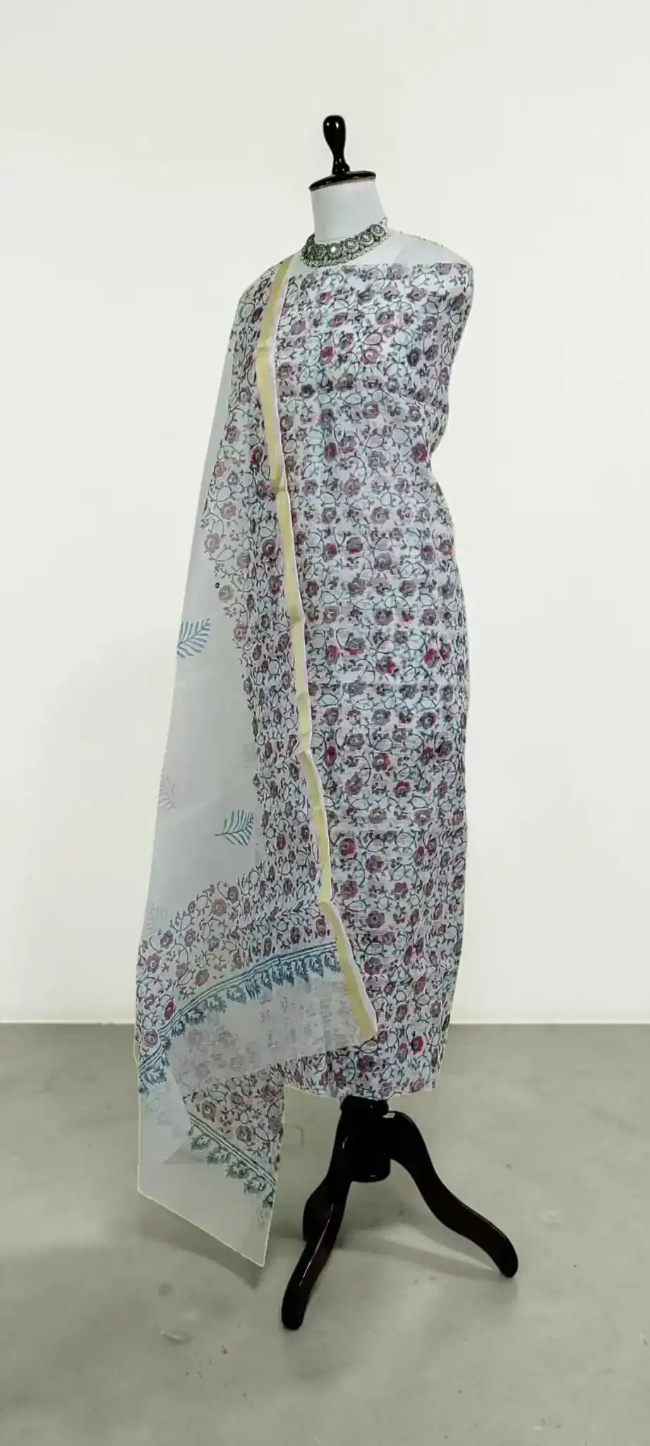 Handwoven Kota Doria Dress Material with Hand Embroidery, Slate Blue view 2