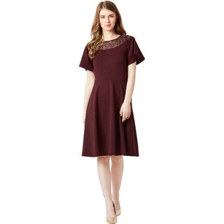 Miss Chase Women's Wine Red Round Neck Flared Short Sleeve Solid Skater Knee-Long Lace Dress view 2