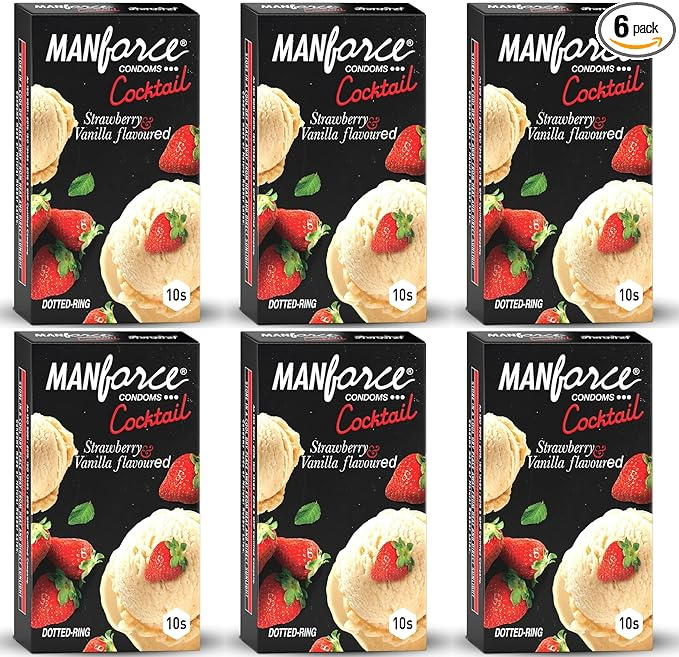 Manforce Cocktail Strawberry & Vanilla Flavoured Condoms for Men with Dotted Rings| Extra Dotted for Her Extra Stimulation| Lubricated Latex Condoms| 10 pcs x Pack of 6