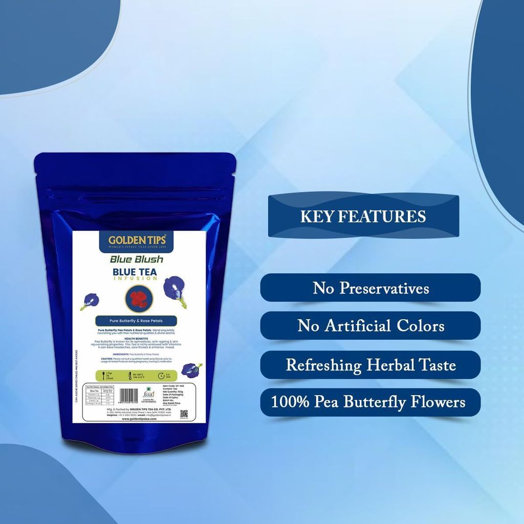 Golden Tips Blue Blush Pure Butterfly and Rose Petals Infusion Blue Tea, Dried Butterfly Pea Flower, Premium Zipper (100gm -50 cups) view 2