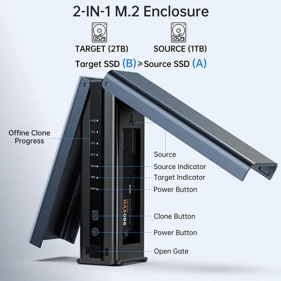 ACASIS M.2 NVMe SSD Cloner, Dual-Bay Offline Duplicator with Cooling Fan, USB C to M.2 Cloner, Enclosure for NVMe M.2 PCIe Size 2230/2242/ 2260/2280 view 2