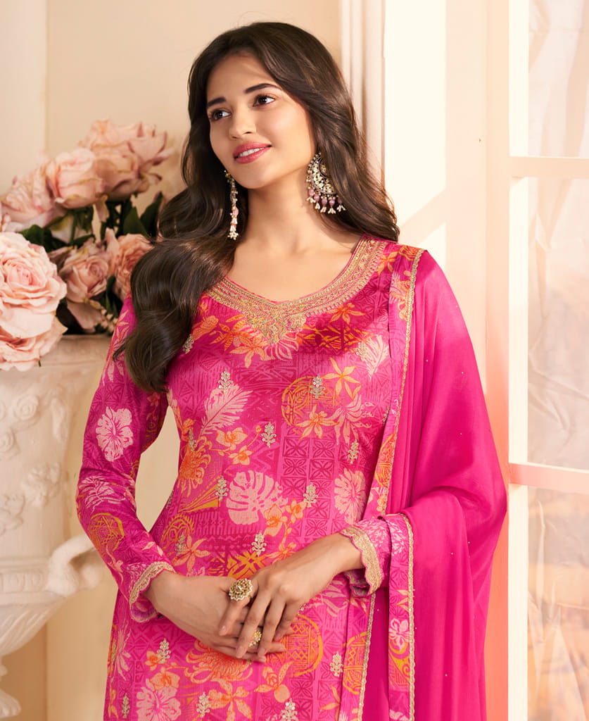 Designer Pink Printed Straight Suit for Women view 2
