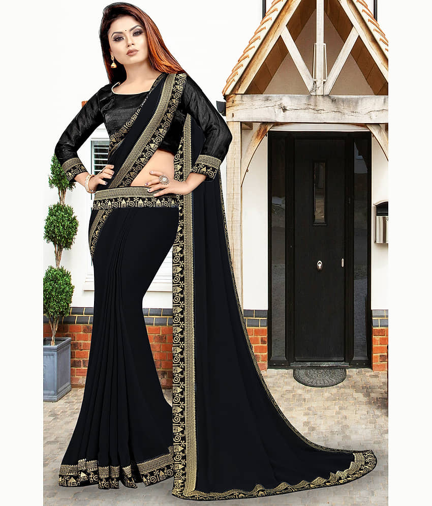 WXW Fashion Lycra Solid Regular Saree With Unstitched Blouse Piece ( Black ) view 2