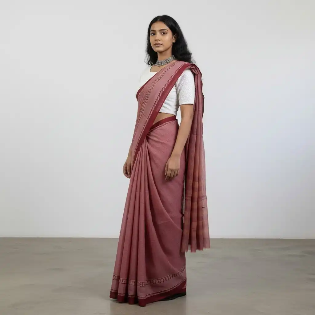 Narayanpet Handloom Cotton Saree in Dusty Rose, Chikki Paras Border view 2