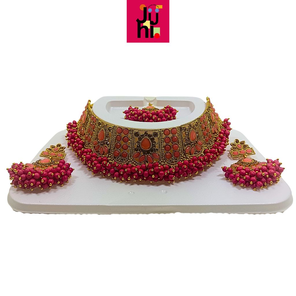 JUHI Luxury Handcrafted Gold Plated Necklace Jewellery Set with Earrings And Mangtika, Pink beads, AD view 2