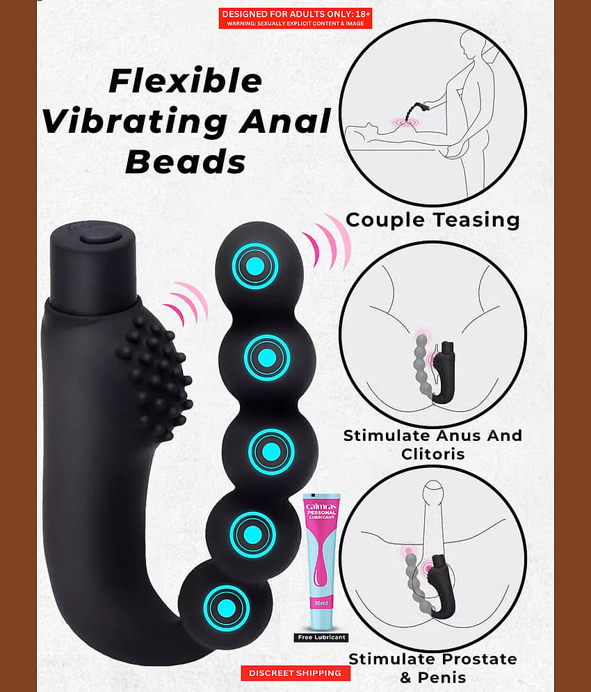 Black Vibrating Anal Beads Butt Plug Prostate Massager Flexible Silicone Anal Sex Toys for Men, Women and Couples With Free Lube - Naughty Nights