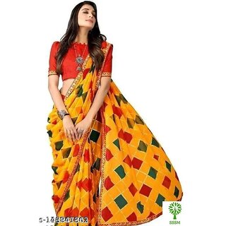 Mustard Colour Foil Printed Saree With Blouse Printed view 2