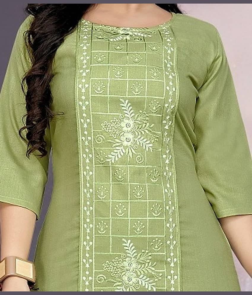 Hetsa Pack of 1 Cotton Blend Embroidered A-line Women's Kurti - ( Light Green ) view 2