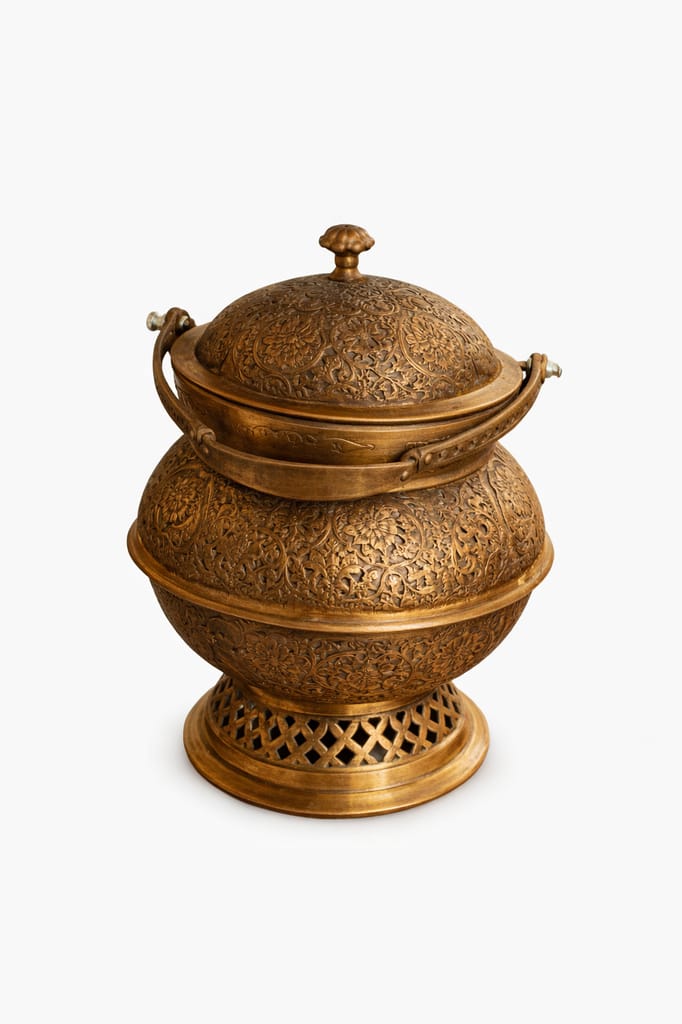 Handcrafted Engraved Brass Charcoal Food Warmer with Lid & Pedestal Base