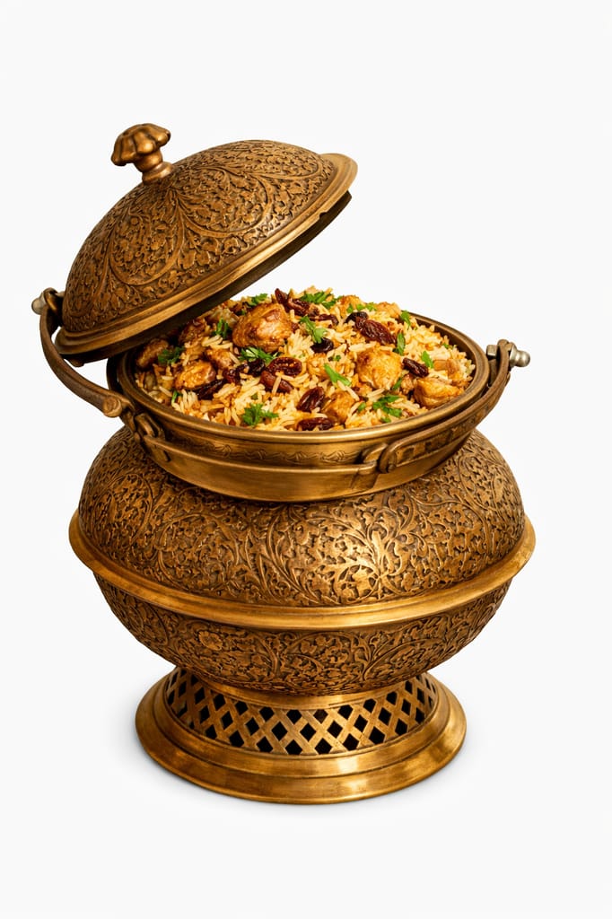 Handcrafted Engraved Brass Charcoal Food Warmer with Lid & Pedestal Base view 2