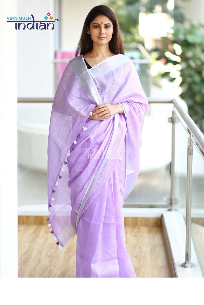 Pure Organic Linen Saree – Lavender view 2