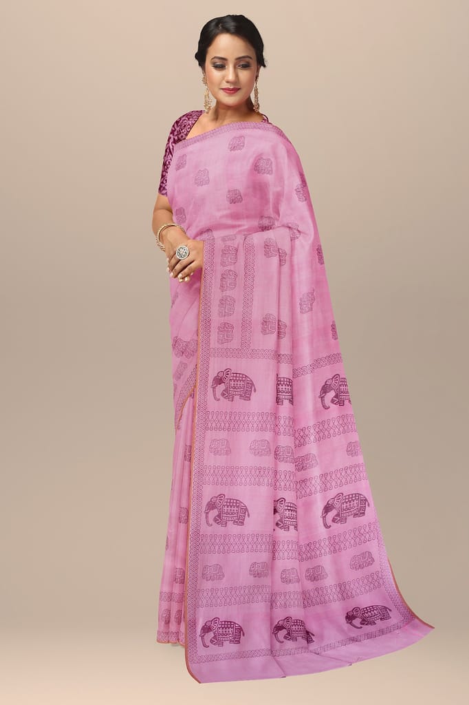 Pink Elephant Motif Handwoven Hand Block Print Sausar Silk Saree SKU-AS10011 view 2