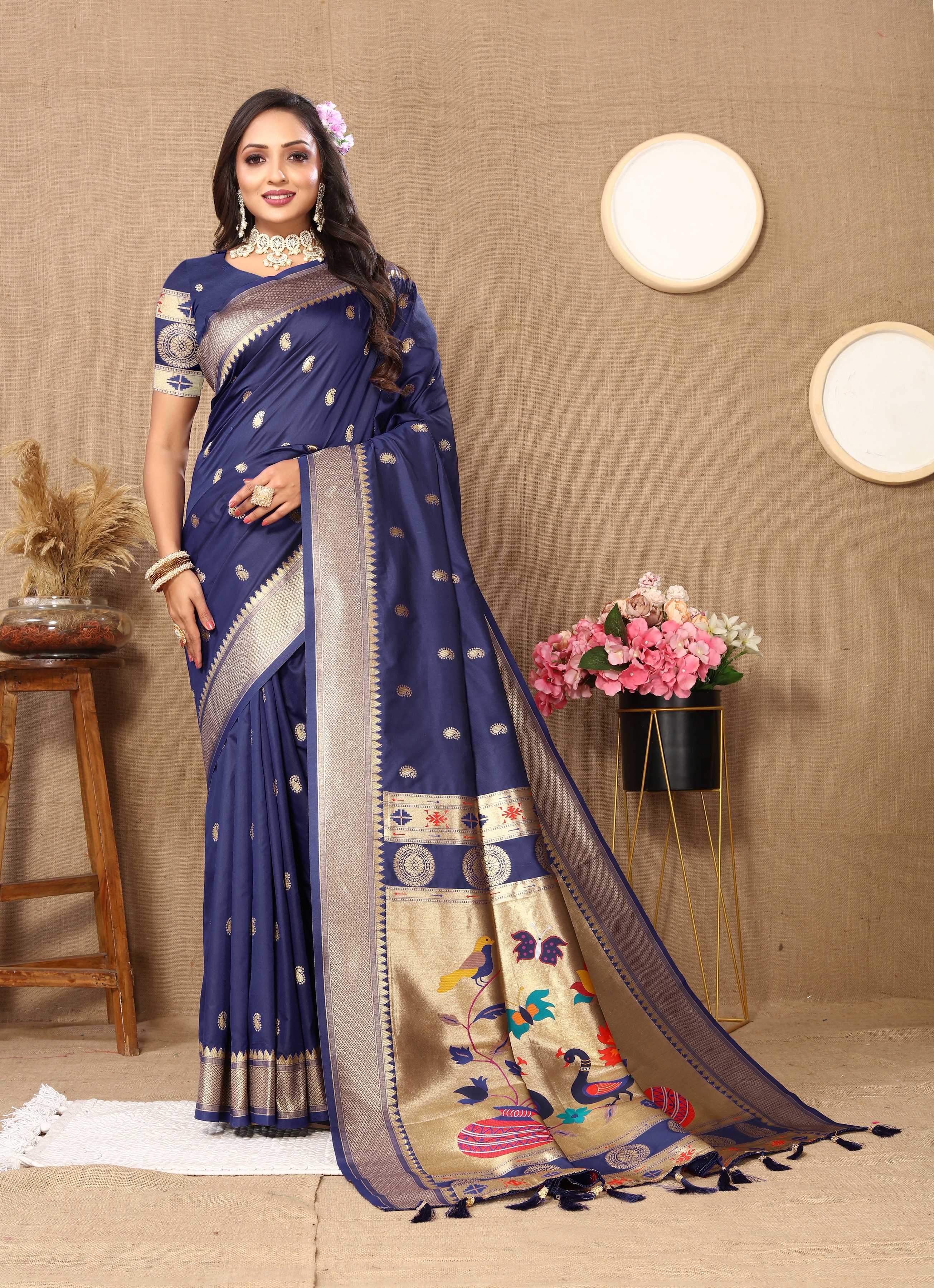 Soft Paithani silk saree with zari weawing desi... view 2