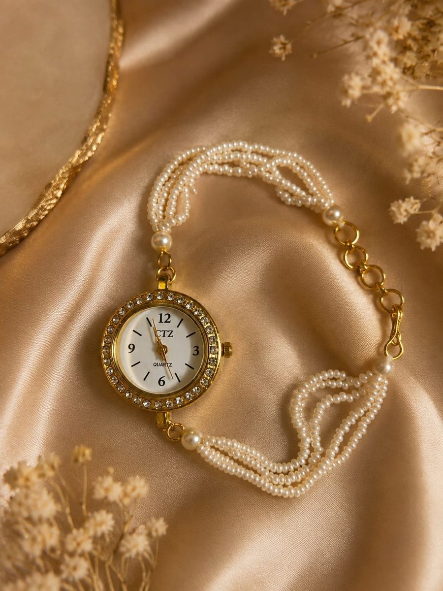 CTZ Gold-Toned Pearl Bracelet Analog Watch view 2