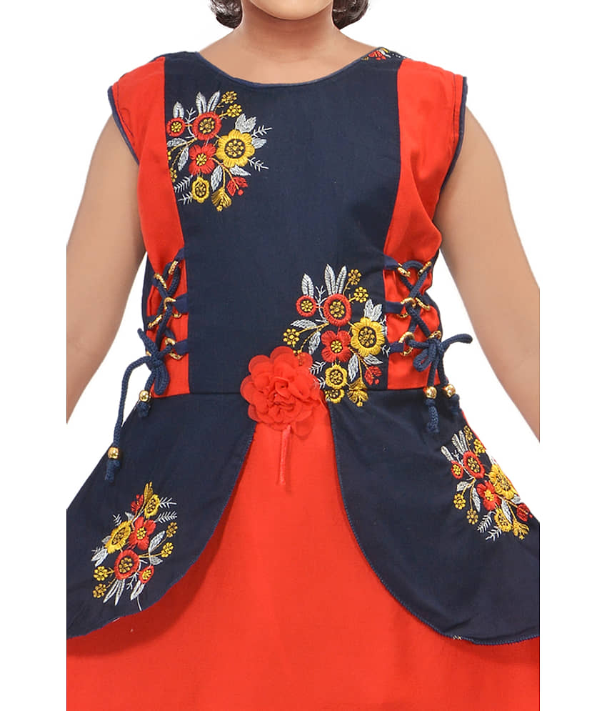 M. MONGELA DRESSES Cotton Blend Fit And Flare Dress For Girls ( Pack of 1 , Red & Blue ) view 2