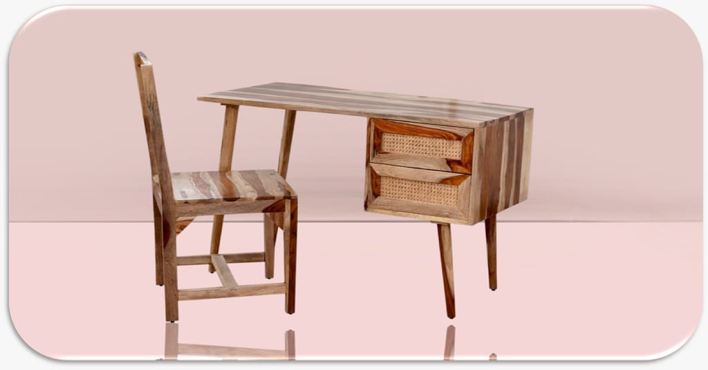 Jamani art craft study table of sheesham wood with Chair ,for Living Dining Bedroom Natural Cane Woven Back and a Comfortable Cane seat view 2