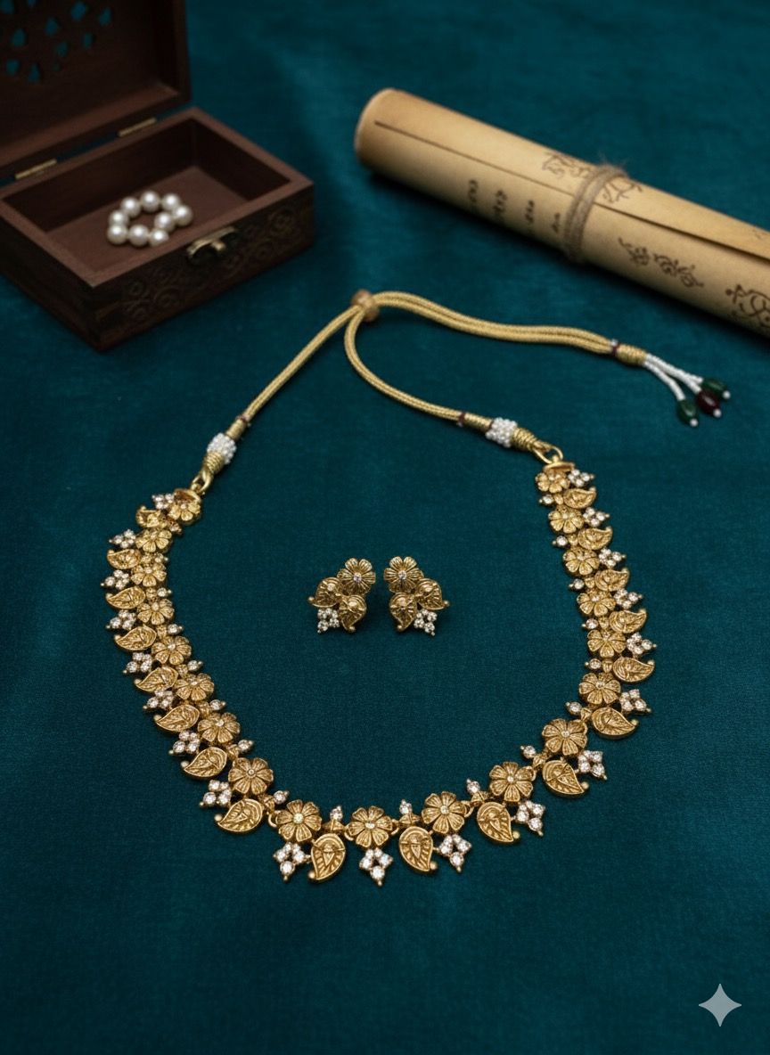 Designer Matte Polish Floral Necklace & Earrings Set for Women view 2