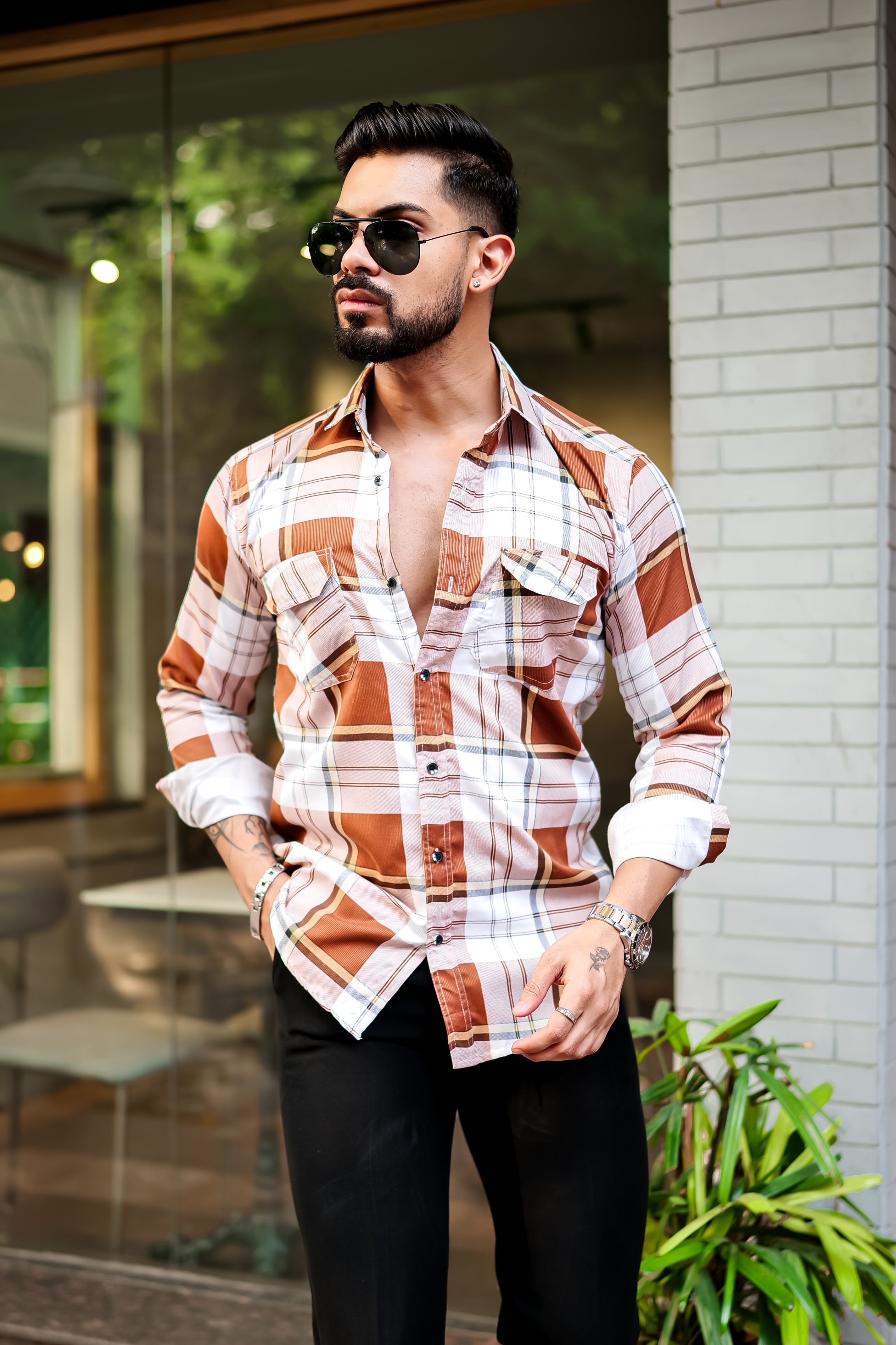 Orange Double Pocket Checkered Shirt view 2