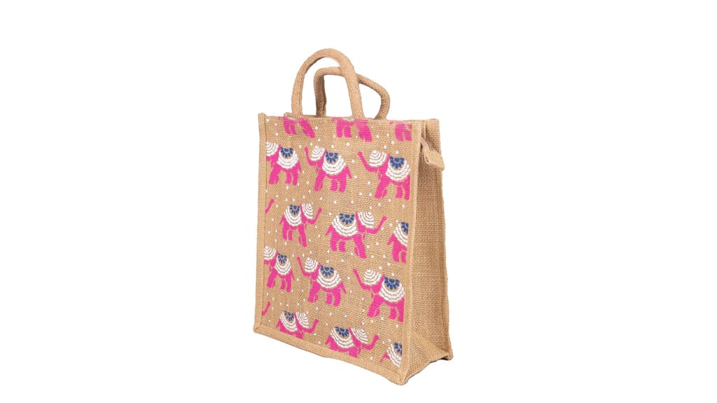 Jute Bag with Pink Elephant Print, Eco-Friendly view 2