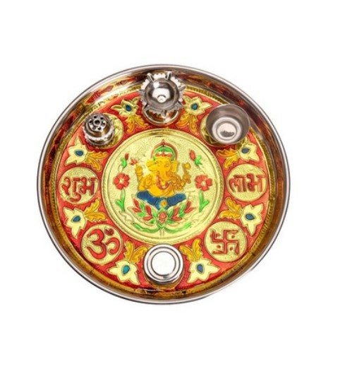 Multicolor Stainless Steel Pooja Thali Set Ek4701 view 2