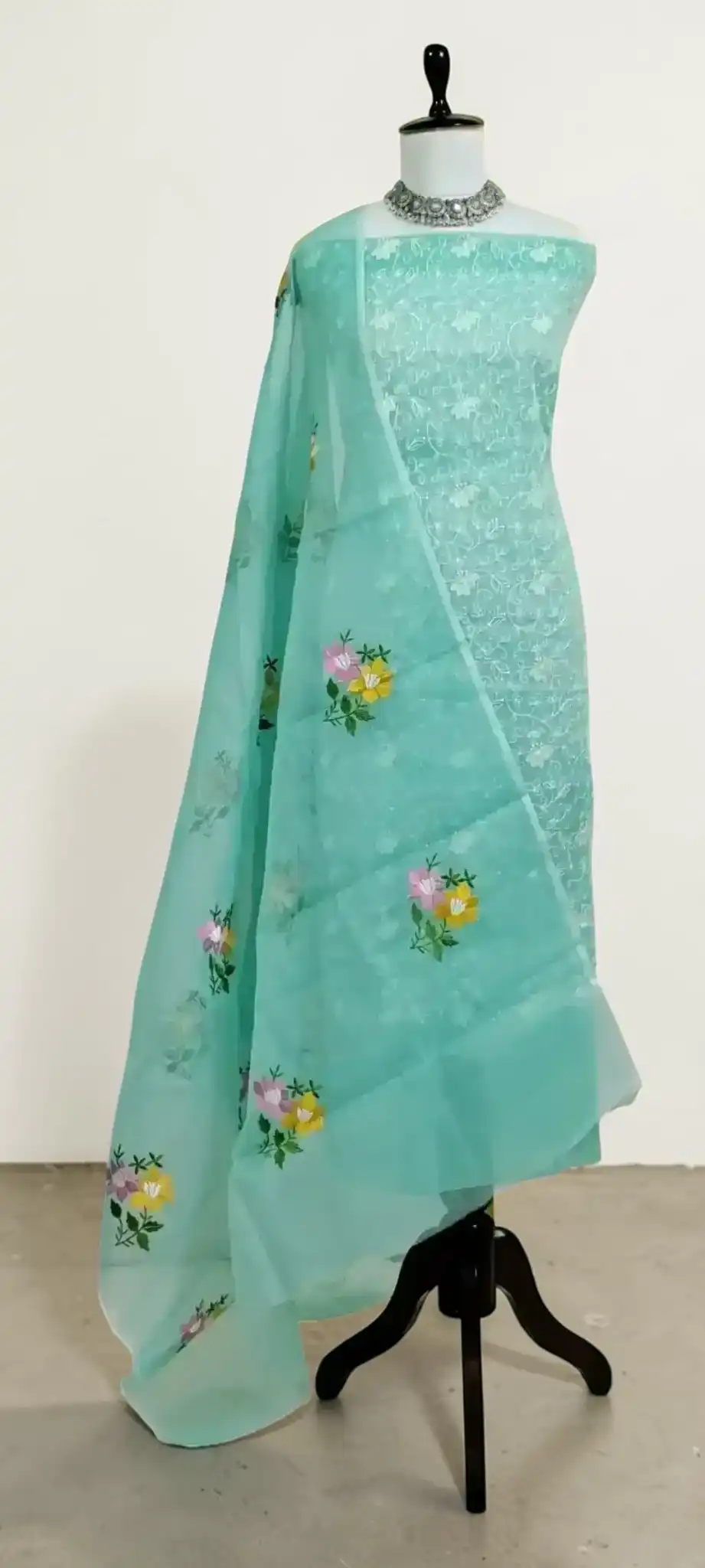 Handwoven Kota Doria Dress Material, Teal Green with Floral Gota Patti