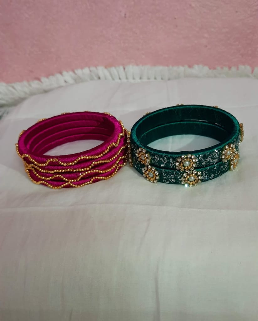 Set of 4 Silk Thread Bangles with Stone and Pearl view 2