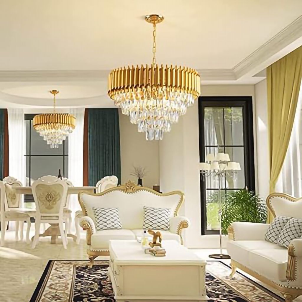 SPARKWORLD Gold Crystal Gold Polish Metal 600Mm Chandelier Hanging Ceiling Pendant Jhoomer Chandelier Ceiling Lamp | Size: 60X60 cm | Colour: Gold(600mm) view 2