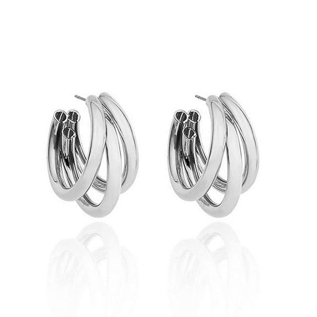 Vishu Store: Rose Gold & Silver Triple Layered Round Thick Tube Layered Hoop Earrings for Women & Girl ( Pack Of 2) view 2