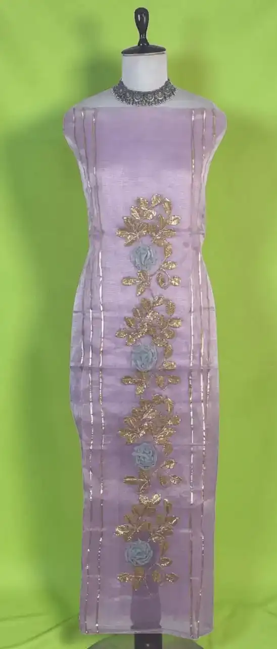 Handwoven Kota Doria Dress Material in Pastel Lilac with Hand Embroidery view 2