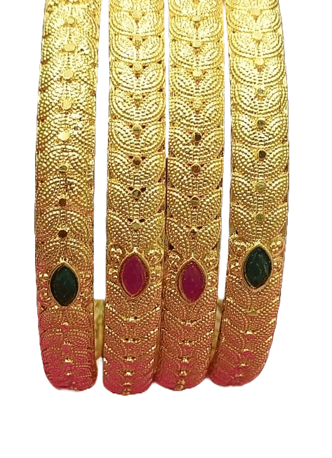 Gold Plated Bangles Set of 4 with Green and Pink Stones view 2
