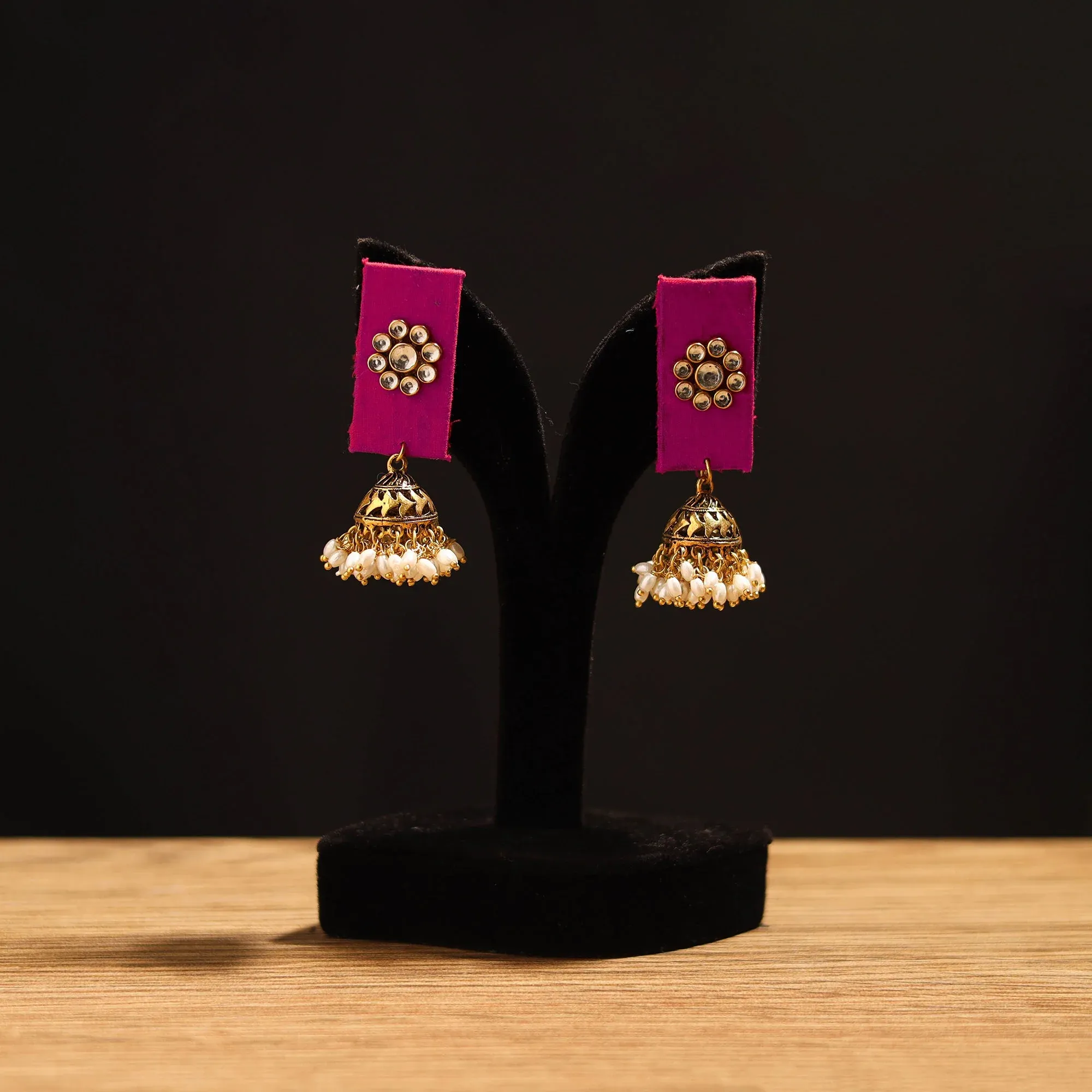 Pink - Anvika Stone Work Fabart GS Jhumka Earrings view 2