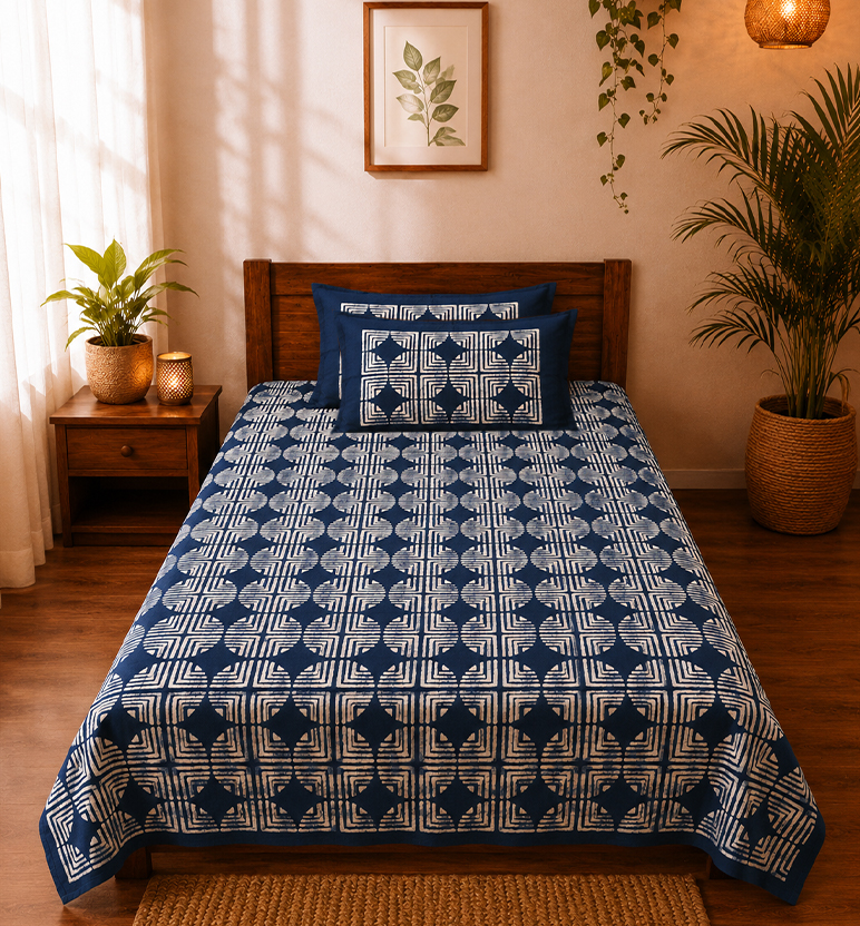 Handcrafted Batik Print Cotton Single Bedsheet With Pillow Cover