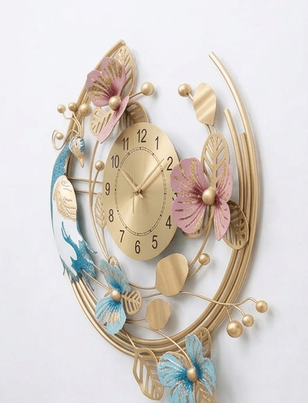 Modern Decorative Wall Clock with Floral Design | Luxury Metal Wall Décor for Living Room & Bedroom view 2