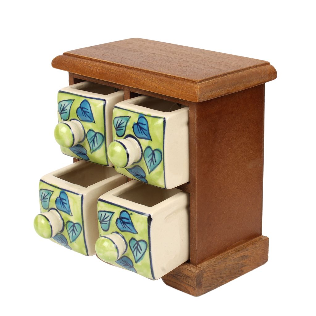 Tribes India Blue Pottery Green leaf 4 Drawer Jewelry Box view 2