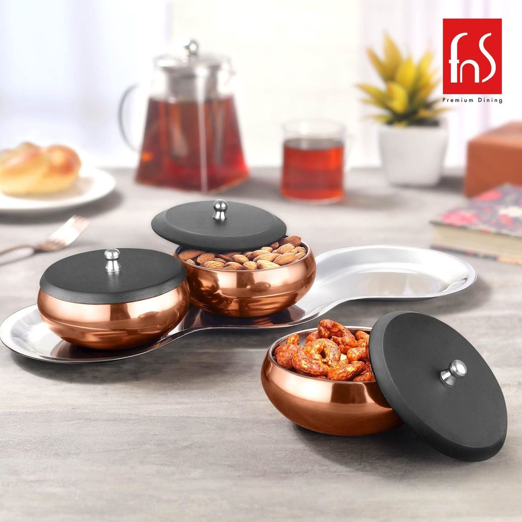 FNS International Pvt Ltd Stainless Steel Multipurpose 3 Serving Bowl with Tray and 3 Lid (Rose Gold) view 2