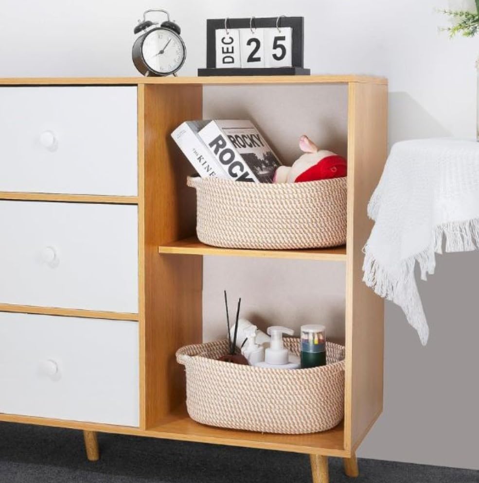 Generic Cotton 2 Pcs 10x7x4 Inch Oval Storage Basket For Clothes (Beige)-PID66395 view 2