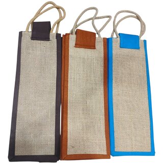 Blue Brown Orange Premium Jute Bottle Bag For Boys Girls (Pack of 3) view 2