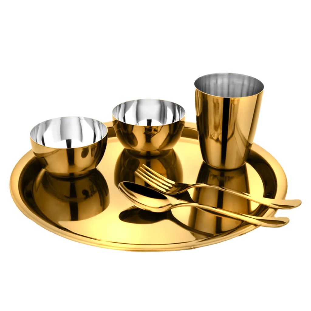 “Regal” PVD Gold Stainless Steel Thali Set/Dinner Set of 6 pcs (Gold) view 2