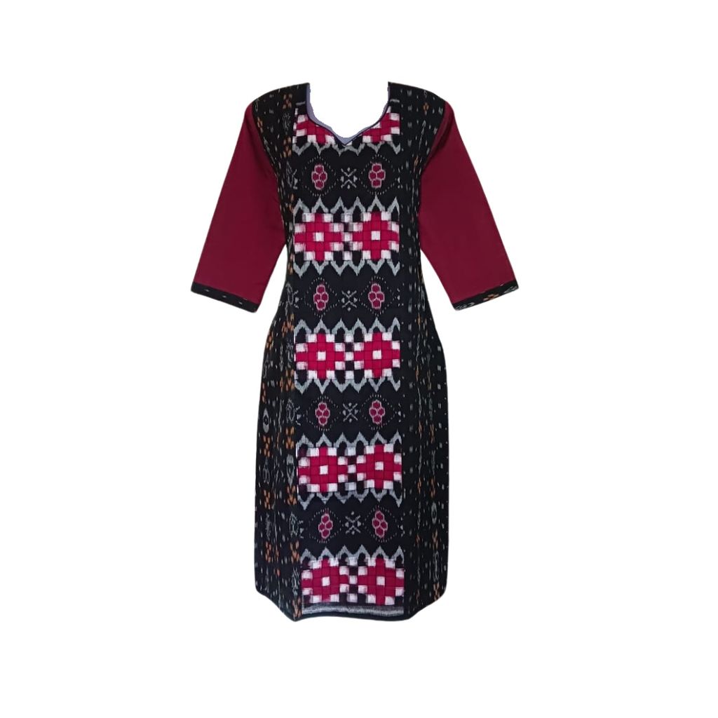 Sambalpuri Pure Cotton Women's Kurta in Black & Maroon | ShreeHive