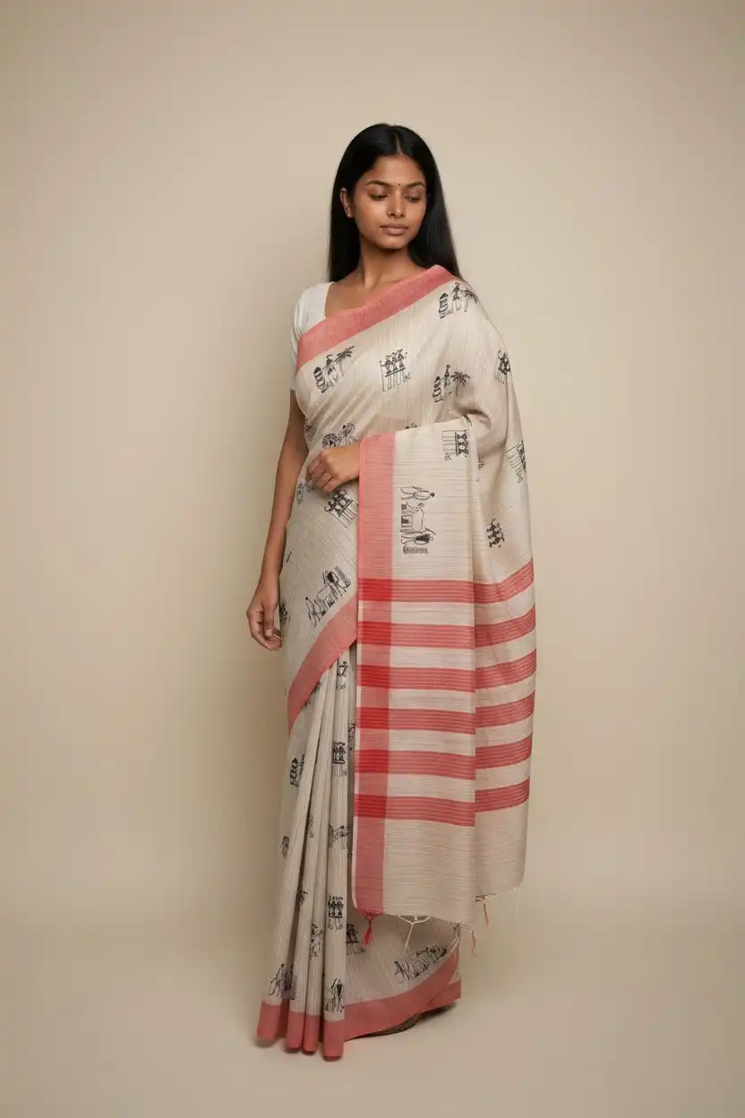 Odisha Handloom Cotton Saree Ivory Coral Temple Border view 2