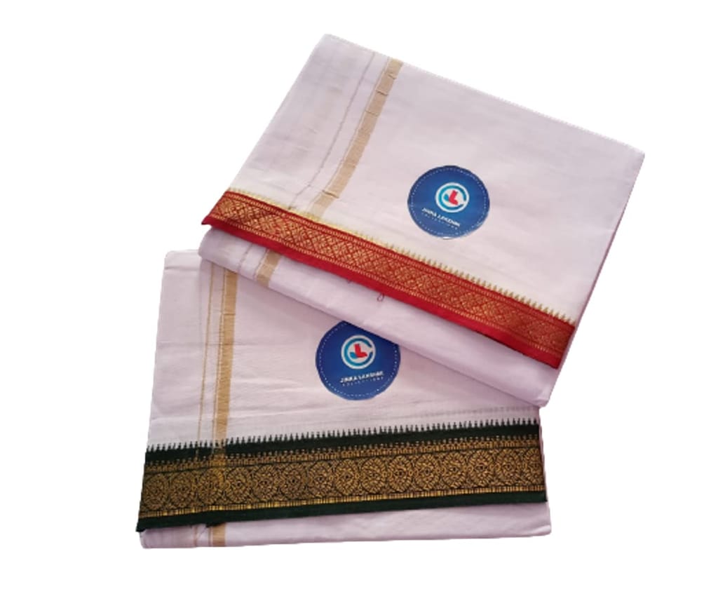 Jinka Lakshmi Collections Combo White Cotton Dhoti With Big Borders 4 Meters Unstitched Pack of 2 (Multicolor-6) view 2