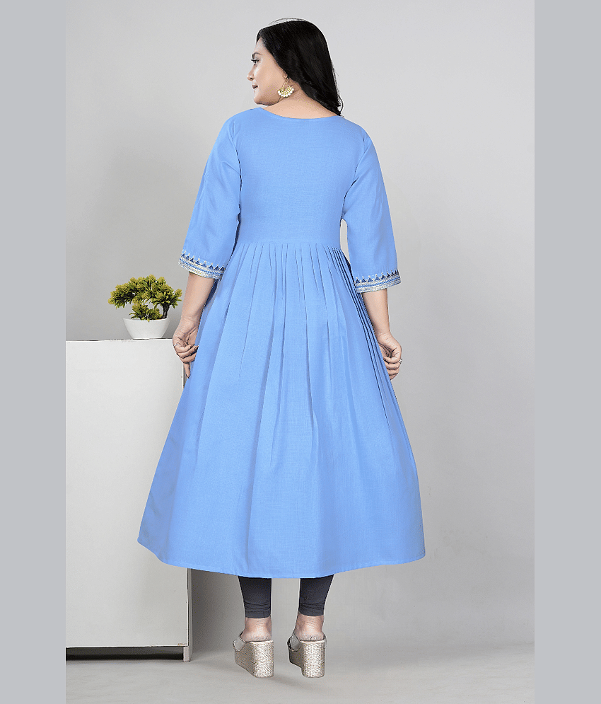 RIAANA Women Cotton Blend Zari Embroidered Anarkali Kurti ( Light Blue ) view 2