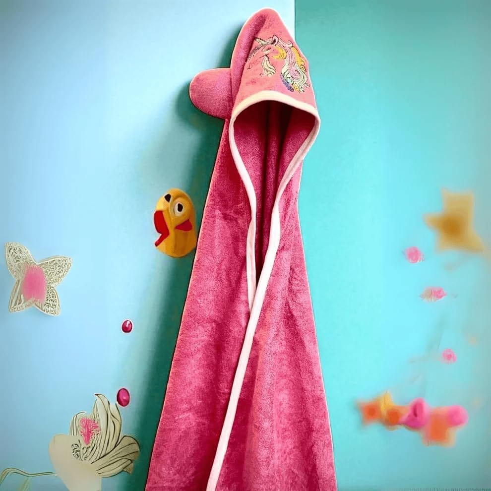 Mrijaa Kids Bamboo Hooded Bath Towel withwith Unicorn Embroidery- Unicorn Cuddles, 400GSM, Pink
