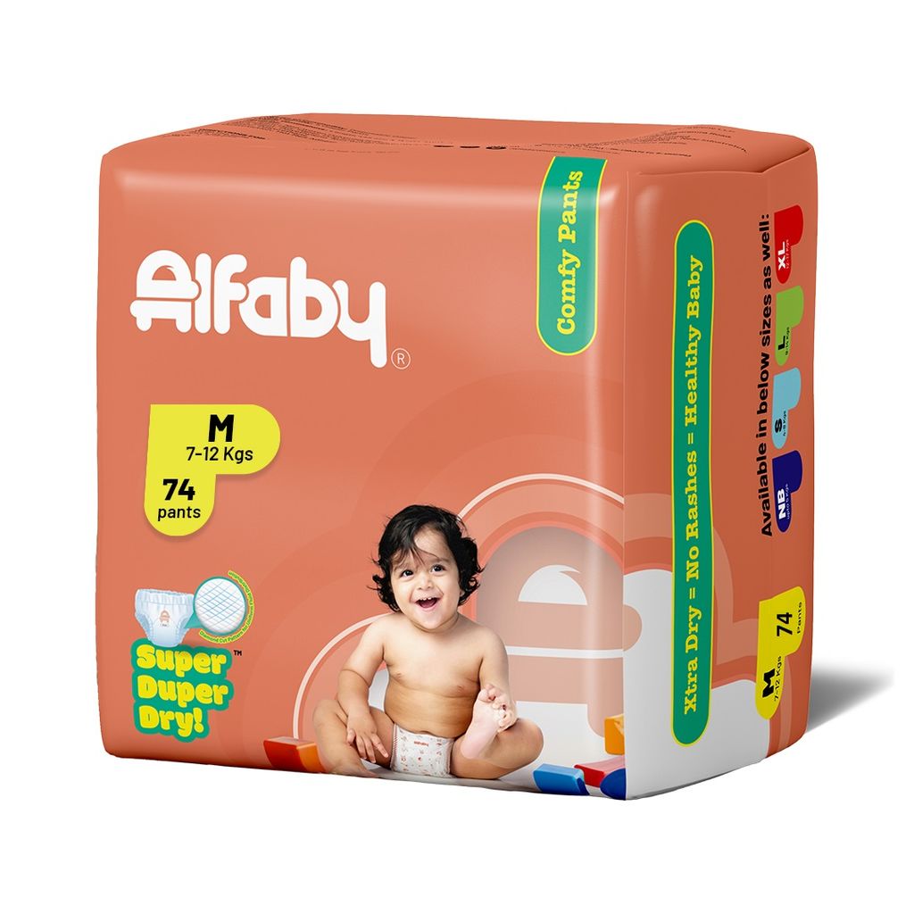 Alfaby Super Duper Dry Comfy Pants - Diapers for Babies Size M (7-12 kgs) - Pack of 74